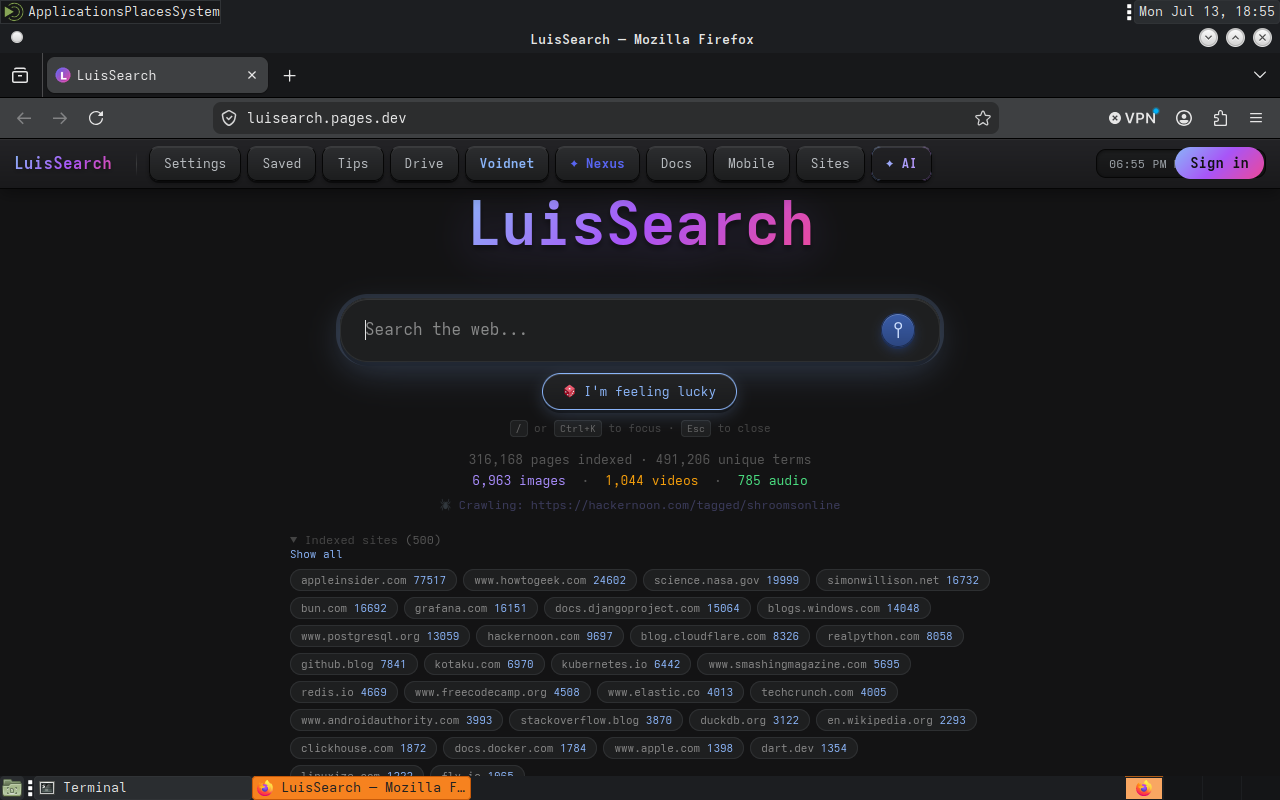 Real screenshot of LuisBrowser (Firefox/Gecko) running with LuisSearch as the default homepage
